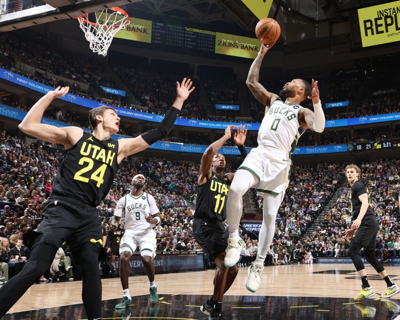 SALT LAKE CITY, UT - FEBRUARY 4: Damian Lillard #0 of the Milwaukee Bucks shoots the ball during the game against the Utah Jazz on February 4, 2024 at Delta Center in Salt Lake City, Utah. NOTE TO USER: User expressly acknowledges and agrees that, by downloading and or using this Photograph, User is consenting to the terms and conditions of the Getty Images License Agreement. Mandatory Copyright Notice: Copyright 2024 NBAE (Photo by Melissa Majchrzak/NBAE via Getty Images)