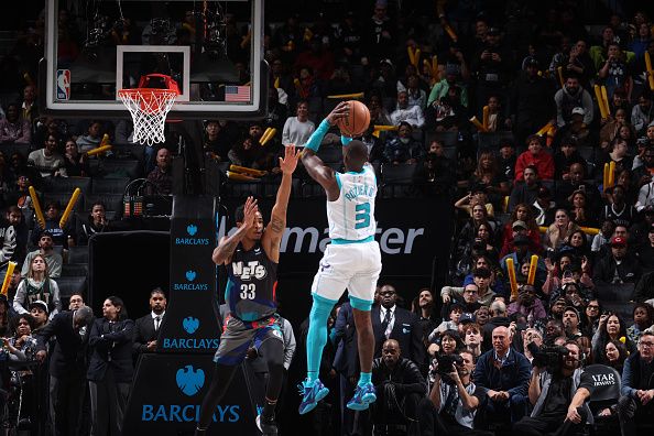 BROOKLYN, NY - NOVEMBER 30: Terry Rozier #3 of the Charlotte Hornets makes the go ahead basket during the game against the Brooklyn Nets on November 30, 2023 at Barclays Center in Brooklyn, New York. NOTE TO USER: User expressly acknowledges and agrees that, by downloading and or using this Photograph, user is consenting to the terms and conditions of the Getty Images License Agreement. Mandatory Copyright Notice: Copyright 2023 NBAE (Photo by Nathaniel S. Butler/NBAE via Getty Images)