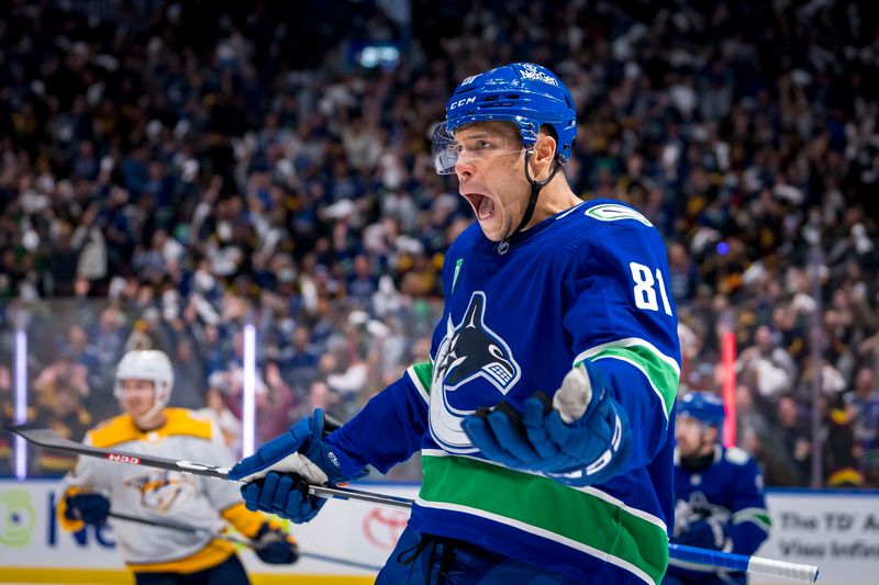 Apr 21, 2024; Vancouver, British Columbia, CAN; Vancouver Canucks forward Dakota Joshua (81) celebrates scoring the game winning goal against the Nashville Predators in the third period in game one of the first round of the 2024 Stanley Cup Playoffs at Rogers Arena. Mandatory Credit: Bob Frid-USA TODAY Sports