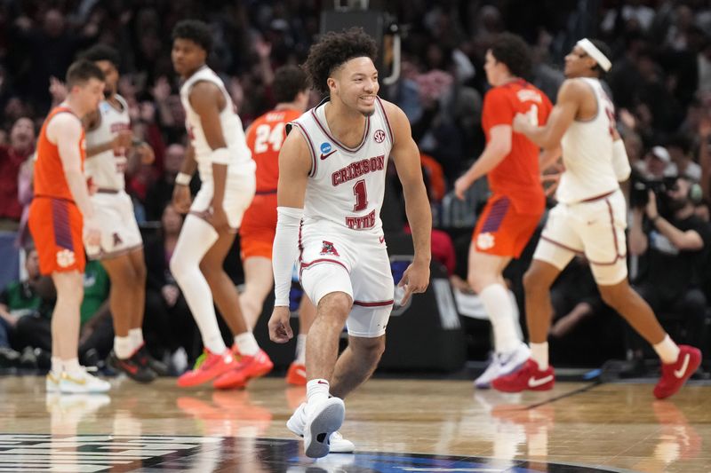 Mar 30, 2024; Los Angeles, CA, USA;  Alabama Crimson Tide guard Mark Sears (1) reacts in the second half against the Clemson Tigers in the finals of the West Regional of the 2024 NCAA Tournament at Crypto.com Arena. Mandatory Credit: Kirby Lee-USA TODAY Sports