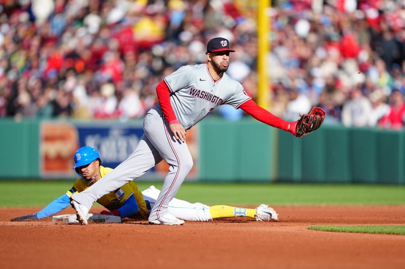 May 11, 2024; Boston, Massachusetts, USA; Boston Red Sox second baseman David Hamilton (70) steals second base ahead of the throw received by Washington Nationals second baseman Luis Garcia Jr. (2) during the fifth inning at Fenway Park. Mandatory Credit: Gregory Fisher-USA TODAY Sports
