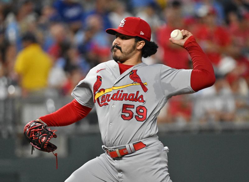 Aug 12, 2023; Kansas City, Missouri, USA;  St. Louis Cardinals relief pitcher JoJo Romero (59) delivers a pitch in the eighth inning against the Kansas City Royals at Kauffman Stadium. Mandatory Credit: Peter Aiken-USA TODAY Sports