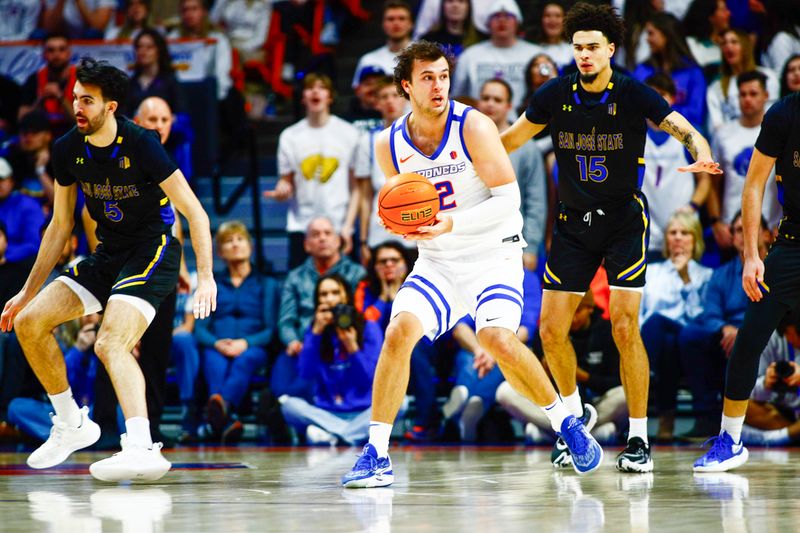 Feb 20, 2024; Boise, Idaho, USA;  Boise State Broncos forward Tyson Degenhart (2) during the first half against the San Jose State Spartans at ExtraMile Arena. Mandatory Credit: Brian Losness-USA TODAY Sports


