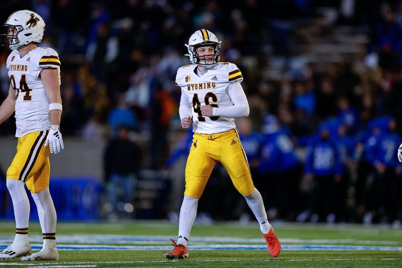 Oct 14, 2023; Colorado Springs, Colorado, USA; Wyoming Cowboys place kicker John Hoyland (46) reacts after missing a field goal attempt in the fourth quarter against the Air Force Falcons at Falcon Stadium. Mandatory Credit: Isaiah J. Downing-USA TODAY Sports