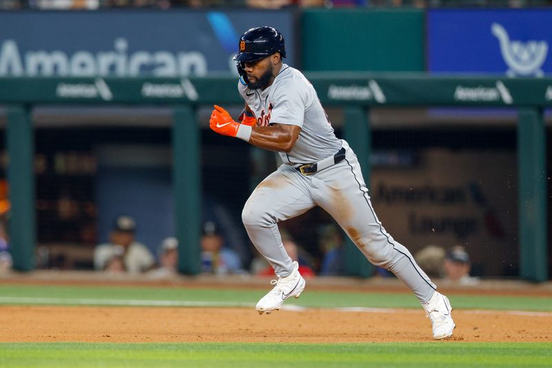 Jun 4, 2024; Arlington, Texas, USA; Detroit Tigers outfielder Akil Baddoo (60) steals second base during the second inning against the Texas Rangers at Globe Life Field. Mandatory Credit: Andrew Dieb-USA TODAY Sports