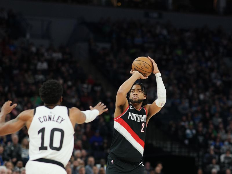 MINNEAPOLIS, MN -  APRIL 2: Trendon Watford #2 of the Portland Trail Blazers shoots a three point basket during the game against the Minnesota Timberwolves on April 2, 2023 at Target Center in Minneapolis, Minnesota. NOTE TO USER: User expressly acknowledges and agrees that, by downloading and or using this Photograph, user is consenting to the terms and conditions of the Getty Images License Agreement. Mandatory Copyright Notice: Copyright 2023 NBAE (Photo by Jordan Johnson/NBAE via Getty Images)