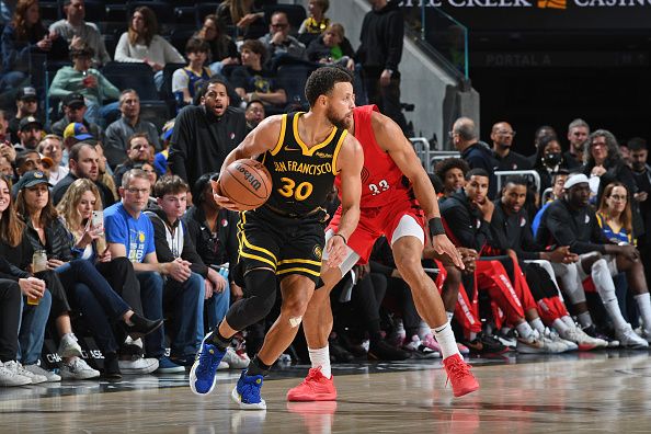 SAN FRANCISCO, CA - DECEMBER 23: Stephen Curry #30 of the Golden State Warriors dribbles the ball during the game against the Portland Trail Blazers on December 23, 2023 at Chase Center in San Francisco, California. NOTE TO USER: User expressly acknowledges and agrees that, by downloading and or using this photograph, user is consenting to the terms and conditions of Getty Images License Agreement. Mandatory Copyright Notice: Copyright 2023 NBAE (Photo by Noah Graham/NBAE via Getty Images)