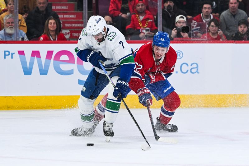 Jan 12, 2026; Montreal, Quebec, CAN; Vancouver Canucks defenseman Pierre-Olivier Joseph (7) defends against Montreal Canadiens center Owen Beck (62) during the second period at Bell Centre. Mandatory Credit: David Kirouac-Imagn Images