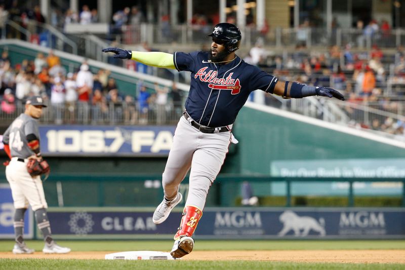 Sep 22, 2023; Washington, District of Columbia, USA; Atlanta Braves designated hitter Marcell Ozuna (20) celebrates after hitting a home run against the Washington Nationals during the seventh inning at Nationals Park. Mandatory Credit: Amber Searls-USA TODAY Sports