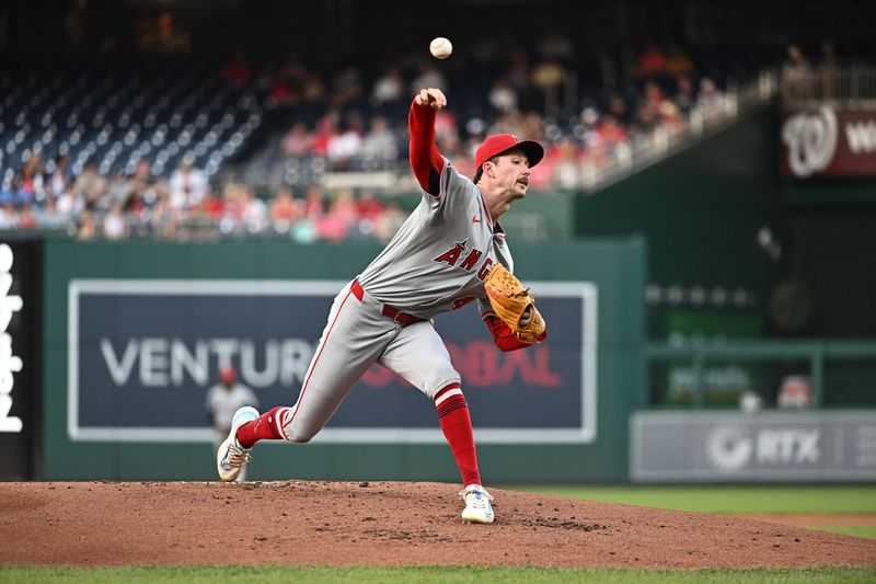 Aug 10, 2024; Washington, District of Columbia, USA;  Los Angeles Angels starting pitcher Griffin Canning (47) pitches against the Washington Nationals during the first inning at Nationals Park. Mandatory Credit: James A. Pittman-USA TODAY Sports