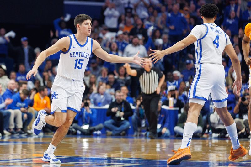 Feb 3, 2024; Lexington, Kentucky, USA; Kentucky Wildcats guard Reed Sheppard (15) celebrates a basket with forward Tre Mitchell (4) during the first half against the Tennessee Volunteers at Rupp Arena at Central Bank Center. Mandatory Credit: Jordan Prather-USA TODAY Sports