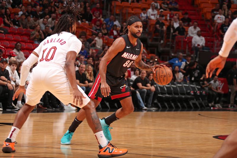 MIAMI, FL - MARCH 24: Patty Mills #88 of the Miami Heat looks on during the game against the Cleveland Cavaliers on March 24, 2024 at Kaseya Center in Miami, Florida. NOTE TO USER: User expressly acknowledges and agrees that, by downloading and or using this Photograph, user is consenting to the terms and conditions of the Getty Images License Agreement. Mandatory Copyright Notice: Copyright 2024 NBAE (Photo by Issac Baldizon/NBAE via Getty Images)