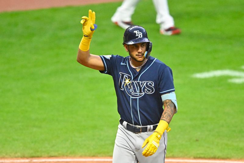 Sep 2, 2023; Cleveland, Ohio, USA; Tampa Bay Rays center fielder Jose Siri (22) celebrates after hitting a solo home run against the Cleveland Guardians in the sixth inning at Progressive Field. Mandatory Credit: David Richard-USA TODAY Sports