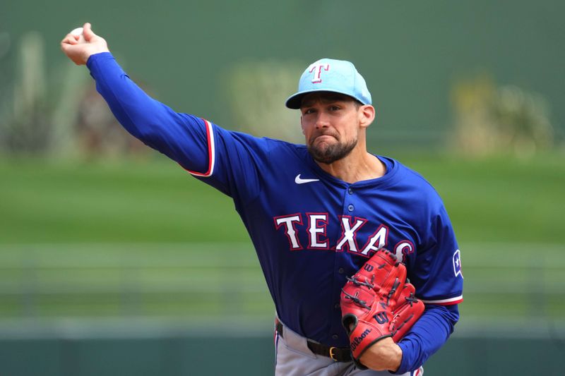 Mar 23, 2024; Surprise, Arizona, USA; Texas Rangers starting pitcher Nathan Eovaldi (17) pitches against the Kansas City Royals during the second inning at Surprise Stadium. Mandatory Credit: Joe Camporeale-USA TODAY Sports