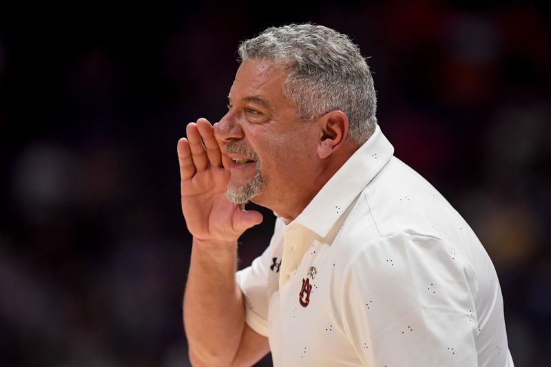 Mar 16, 2024; Nashville, TN, USA;  Auburn Tigers head coach Bruce Pearl calls to his players against the Mississippi State Bulldogsduring the first half at Bridgestone Arena. Mandatory Credit: Steve Roberts-USA TODAY Sports