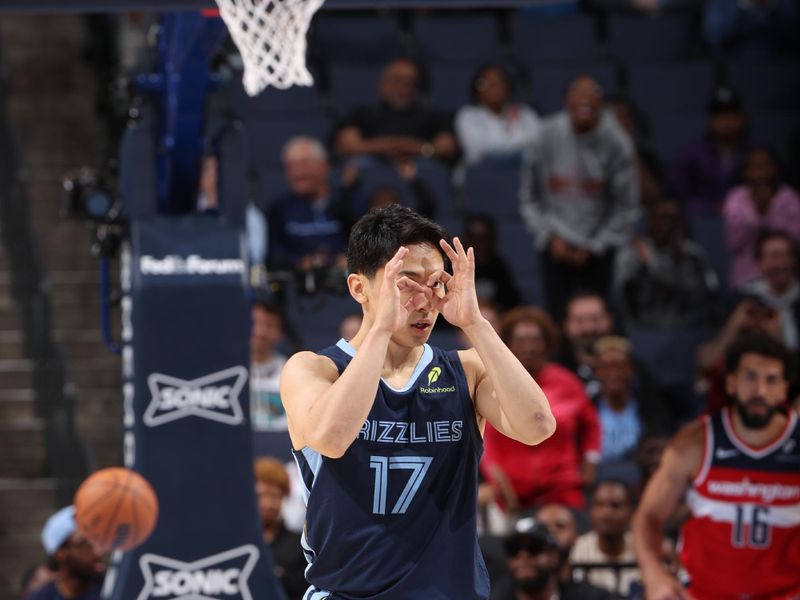 MEMPHIS, TN - NOVEMBER 8: Yuki Kawamura #17 of the Memphis Grizzlies celebrates during the game against the Washington Wizards on November 8, 2024 at FedExForum in Memphis, Tennessee. NOTE TO USER: User expressly acknowledges and agrees that, by downloading and or using this photograph, User is consenting to the terms and conditions of the Getty Images License Agreement. Mandatory Copyright Notice: Copyright 2024 NBAE (Photo by Joe Murphy/NBAE via Getty Images)