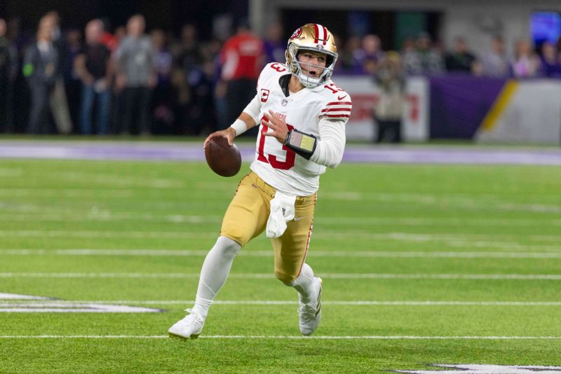 San Francisco 49ers quarterback Brock Purdy plays during an NFL football game against the Minnesota Vikings, Monday, Oct. 23, 2023, in Minneapolis. (AP Photo/Andy Clayton-King)