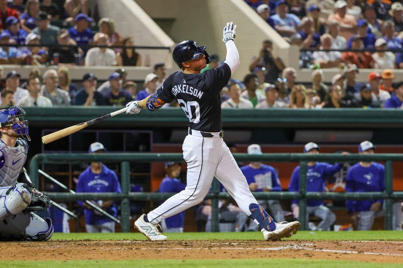 Mar 7, 2024; Lakeland, Florida, USA; Detroit Tigers first baseman Spencer Torkelson (20) bats during the third inning against the Toronto Blue Jays at Publix Field at Joker Marchant Stadium. Mandatory Credit: Mike Watters-USA TODAY Sports