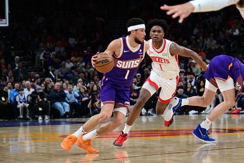 PHOENIX, AZ - MARCH 2: Devin Booker #1 of the Phoenix Suns handles the ball during the game against the Houston Rockets on March 2, 2024 at Footprint Center in Phoenix, Arizona. NOTE TO USER: User expressly acknowledges and agrees that, by downloading and or using this photograph, user is consenting to the terms and conditions of the Getty Images License Agreement. Mandatory Copyright Notice: Copyright 2023 NBAE (Photo by Kate Frese/NBAE via Getty Images)