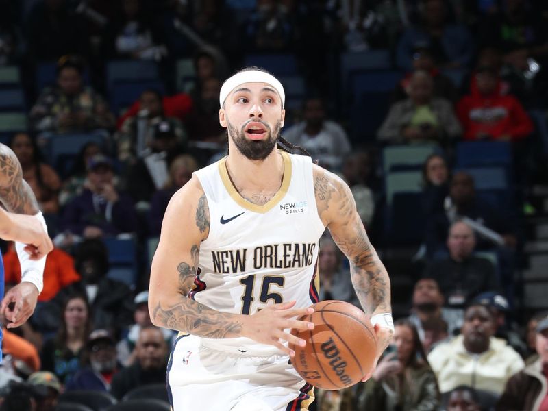 NEW ORLEANS, LA - JANUARY 15:  Jose Alvarado #15 of the New Orleans Pelicans looks to pass the ball during the game against the Dallas Mavericks on January 15, 2025 at the Smoothie King Center in New Orleans, Louisiana. NOTE TO USER: User expressly acknowledges and agrees that, by downloading and or using this Photograph, user is consenting to the terms and conditions of the Getty Images License Agreement. Mandatory Copyright Notice: Copyright 2025 NBAE (Photo by Layne Murdoch Jr./NBAE via Getty Images)