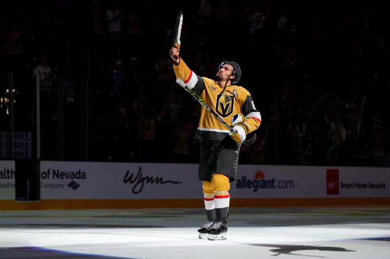 Oct 9, 2024; Las Vegas, Nevada, USA; Vegas Golden Knights right wing Mark Stone (61) is named one of the three stars of the game after defeating the Colorado Avalanche at T-Mobile Arena. Mandatory Credit: Lucas Peltier-Imagn Images