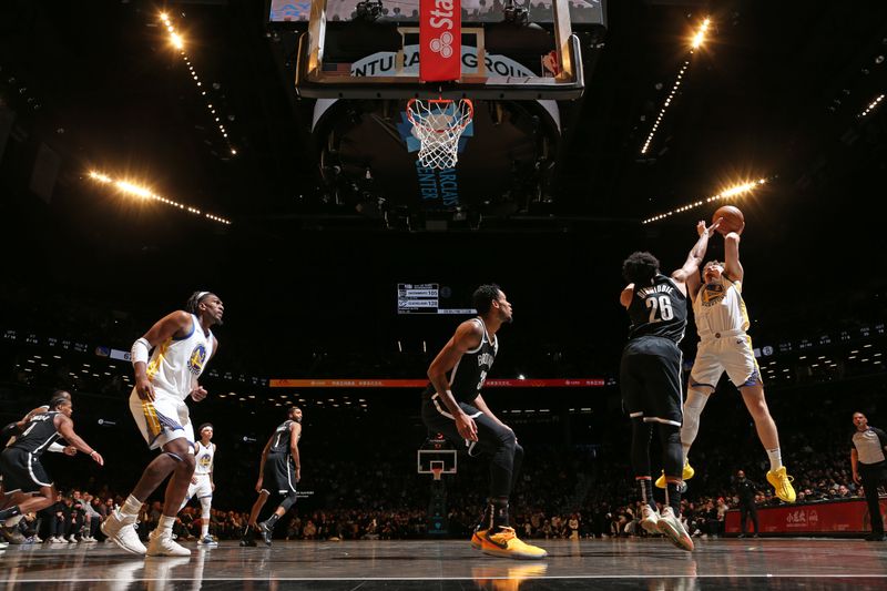 BROOKLYN, NY - FEBRUARY 5: Brandin Podziemski #2 of the Golden State Warriors shoots the ball during the game against the Brooklyn Nets on February 5, 2024 at Barclays Center in Brooklyn, New York. NOTE TO USER: User expressly acknowledges and agrees that, by downloading and or using this Photograph, user is consenting to the terms and conditions of the Getty Images License Agreement. Mandatory Copyright Notice: Copyright 2024 NBAE (Photo by Nathaniel S. Butler/NBAE via Getty Images)