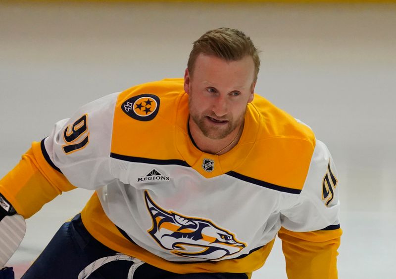 Oct 25, 2024; Chicago, Illinois, USA; Nashville Predators center Steven Stamkos (91) warms up before a game against the Chicago Blackhawks at United Center. Mandatory Credit: David Banks-Imagn Images