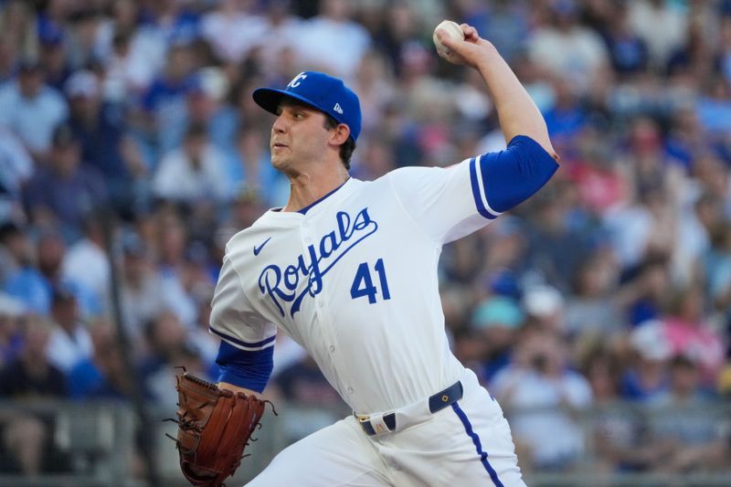 Jun 12, 2024; Kansas City, Missouri, USA; Kansas City Royals pitcher Daniel Lynch IV (41) delivers a pitch against the Kansas City Royals in the first inning at Kauffman Stadium. Mandatory Credit: Denny Medley-USA TODAY Sports