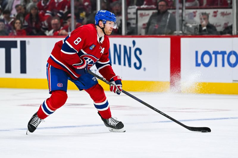 Apr 27, 2025; Montreal, Quebec, CAN; Montreal Canadiens defenseman Mike Matheson (8) plays the puck against the Washington Capitals during the third period in game four of the first round of the 2025 Stanley Cup Playoffs at Bell Centre. Mandatory Credit: David Kirouac-Imagn Images