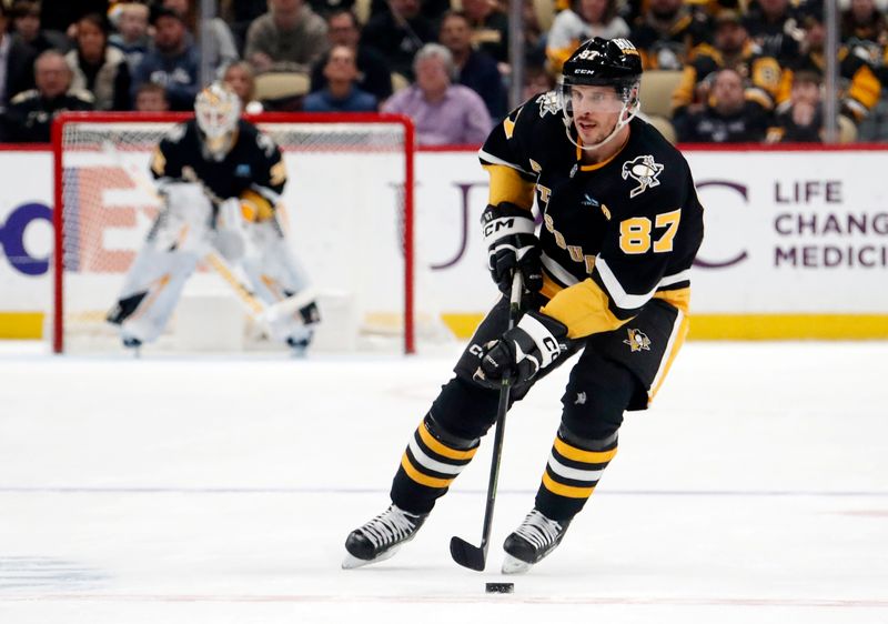 Jan 11, 2024; Pittsburgh, Pennsylvania, USA; Pittsburgh Penguins center Sidney Crosby (87) skates up ice with the puck against the Vancouver Canucks during the third period at PPG Paints Arena. The Canucks won 4-3 in overtime. Mandatory Credit: Charles LeClaire-USA TODAY Sports