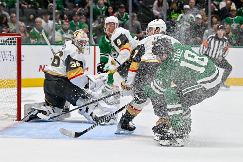 Dec 9, 2023; Dallas, Texas, USA; Dallas Stars center Sam Steel (18) misses a shot on Vegas Golden Knights goaltender Logan Thompson (36) during the second period at the American Airlines Center. Mandatory Credit: Jerome Miron-USA TODAY Sports