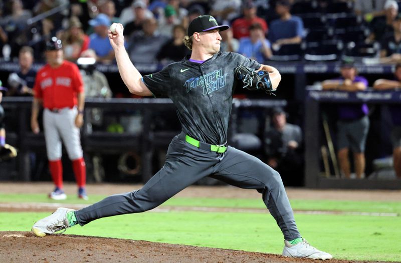 Sep 19, 2025; Tampa, Florida, USA; Tampa Bay Rays pitcher Cole Wilcox (73) throws during the eighth inning against the Boston Red Sox at George M. Steinbrenner Field. Mandatory Credit: Kim Klement Neitzel-Imagn Images