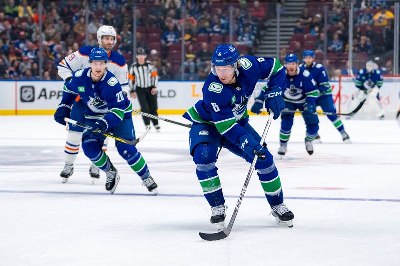 Oct 4, 2024; Vancouver, British Columbia, CAN; Vancouver Canucks forward Brock Boeser (6) handles the puck against the Edmonton Oilers during the third period at Rogers Arena. Mandatory Credit: Bob Frid-Imagn Images