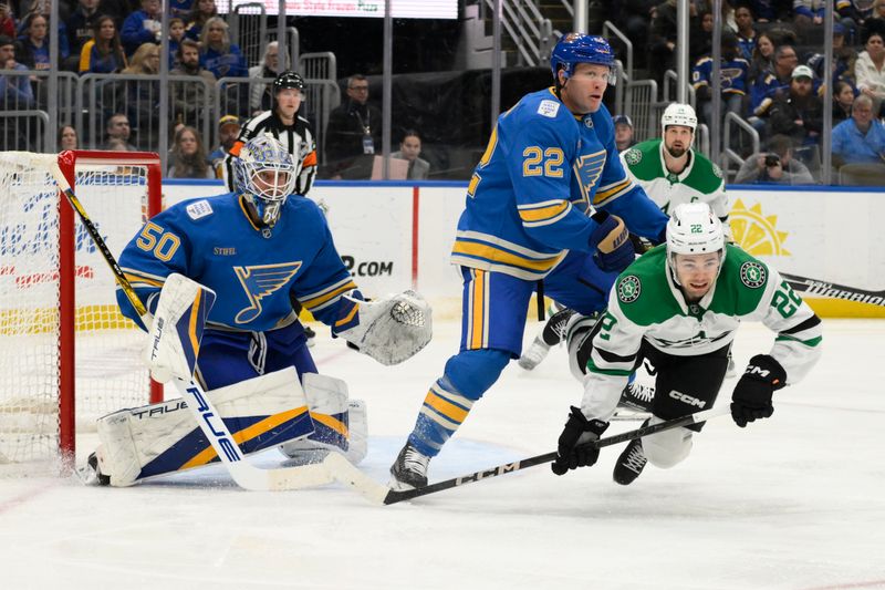 Jan 25, 2025; St. Louis, Missouri, USA; St. Louis Blues goaltender Jordan Binnington (50) and defenseman Ryan Suter (22) defend the net from Dallas Stars center Mavrik Bourque (22) during the first period at Enterprise Center. Mandatory Credit: Jeff Le-Imagn Images