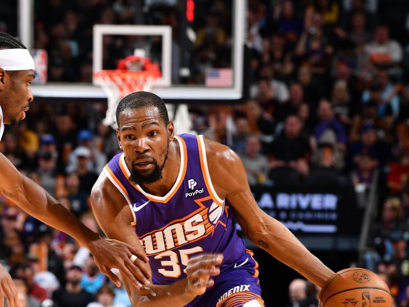 PHOENIX, AZ - MARCH 3:  Kevin Durant #35 of the Phoenix Suns dribbles the ball during the game against the Oklahoma City Thunderon March 3, 2024 at Footprint Center in Phoenix, Arizona. NOTE TO USER: User expressly acknowledges and agrees that, by downloading and or using this photograph, user is consenting to the terms and conditions of the Getty Images License Agreement. Mandatory Copyright Notice: Copyright 2024 NBAE (Photo by Barry Gossage/NBAE via Getty Images)