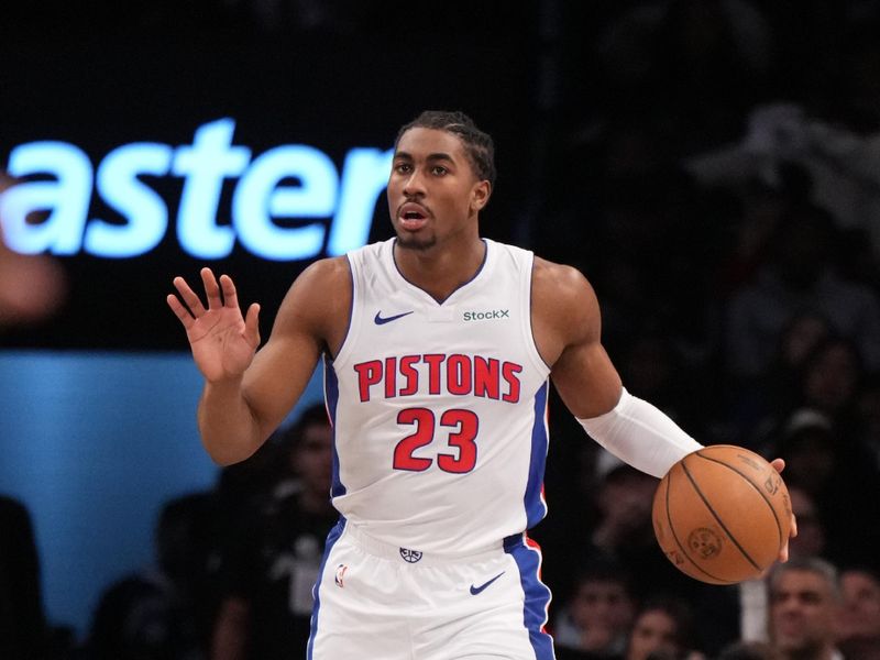 BROOKLYN, NY - NOVEMBER 3: Jaden Ivey #23 of the Detroit Pistons dribbles the ball during the game against the Brooklyn Nets on November 3, 2024 at Barclays Center in Brooklyn, New York. NOTE TO USER: User expressly acknowledges and agrees that, by downloading and or using this Photograph, user is consenting to the terms and conditions of the Getty Images License Agreement. Mandatory Copyright Notice: Copyright 2024 NBAE (Photo by Jesse D. Garrabrant/NBAE via Getty Images)