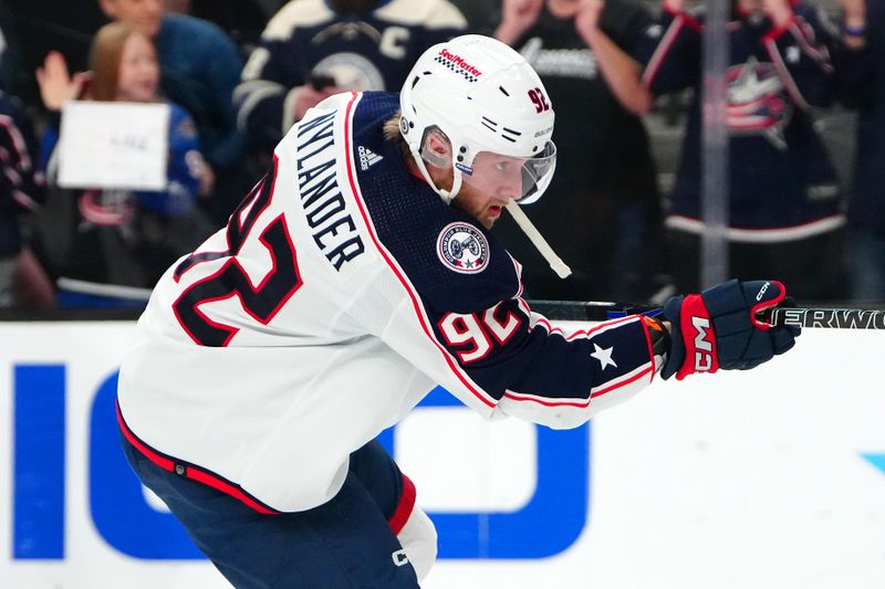 Mar 23, 2024; Las Vegas, Nevada, USA; Columbus Blue Jackets left wing Alexander Nylander (92) warms up before a game against the Vegas Golden Knights at T-Mobile Arena. Mandatory Credit: Stephen R. Sylvanie-USA TODAY Sports