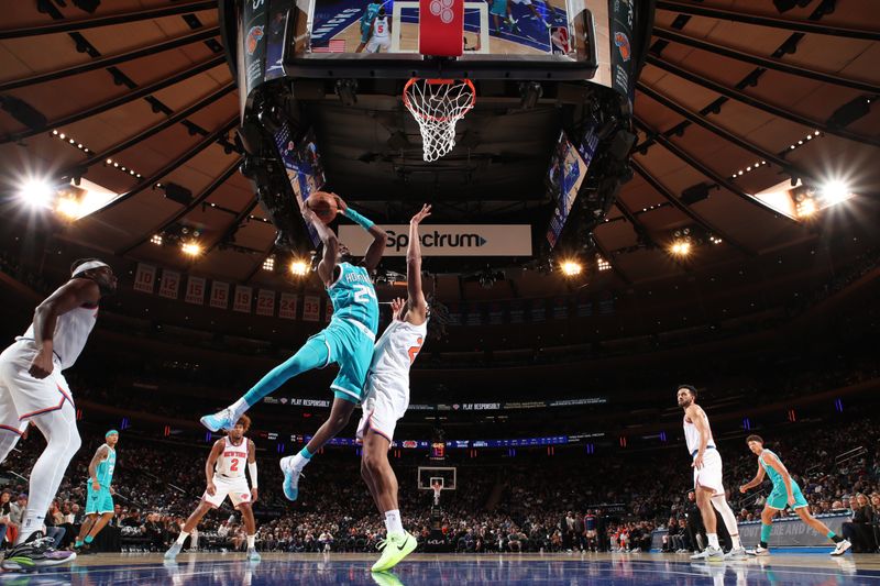 NEW YORK, NY - OCTOBER 15: Brandon Miller #24 of the Charlotte Hornets drives to the basket during the game against the New York Knicks during the 2024 NBA Preseason on October 15, 2024 at Madison Square Garden in New York City, New York.  NOTE TO USER: User expressly acknowledges and agrees that, by downloading and or using this photograph, User is consenting to the terms and conditions of the Getty Images License Agreement. Mandatory Copyright Notice: Copyright 2024 NBAE  (Photo by Nathaniel S. Butler/NBAE via Getty Images)