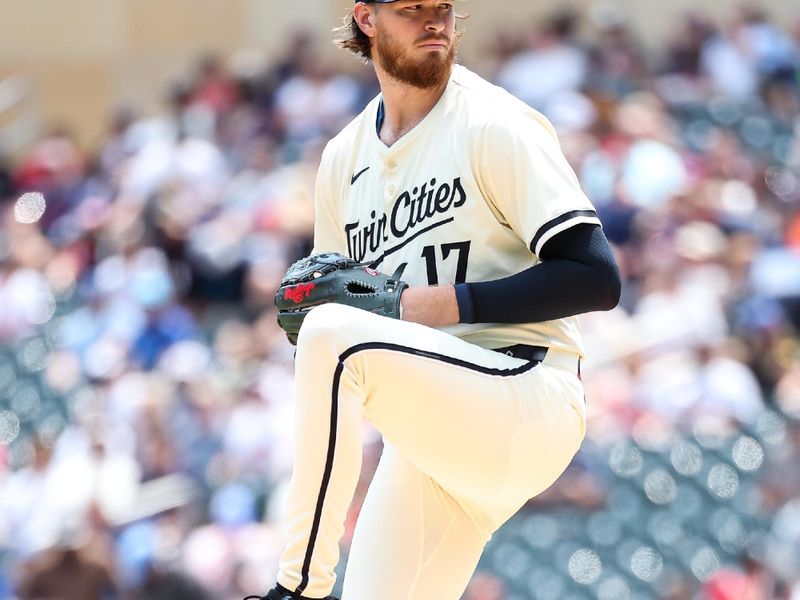May 25, 2025; Minneapolis, Minnesota, USA; Minnesota Twins starting pitcher Bailey Ober (17) delivers a pitch against the Kansas City Royals during the first inning at Target Field. Mandatory Credit: Matt Krohn-Imagn Images