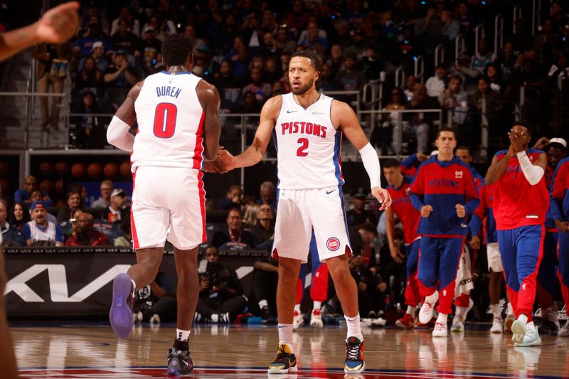 DETROIT, MI - OCTOBER 23: Jalen Duren #0 and Cade Cunningham #2 of the Detroit Pistons high five during the game during the game against the Indiana Pacers on October 23, 2024 at Little Caesars Arena in Detroit, Michigan. NOTE TO USER: User expressly acknowledges and agrees that, by downloading and/or using this photograph, User is consenting to the terms and conditions of the Getty Images License Agreement. Mandatory Copyright Notice: Copyright 2024 NBAE (Photo by Brian Sevald/NBAE via Getty Images)