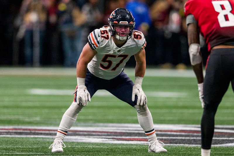 Chicago Bears linebacker Jack Sanborn (57) works during the first half of an NFL football game against the Atlanta Falcons, Sunday, Nov. 20, 2022, in Atlanta. The Atlanta Falcons won 27-24. (AP Photo/Danny Karnik)