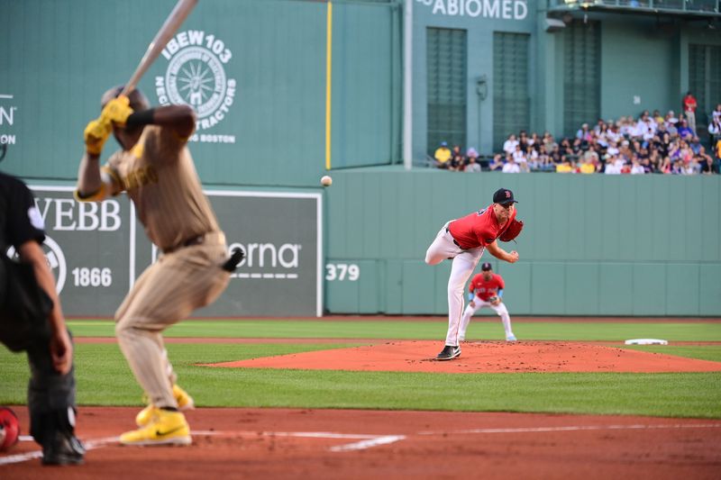 Jun 28, 2024; Boston, Massachusetts, USA; Boston Red Sox starting pitcher Nick Pivetta (37) pitches to San Diego Padres left fielder Jurickson Profar (10) during the first inning at Fenway Park. Mandatory Credit: Eric Canha-USA TODAY Sports