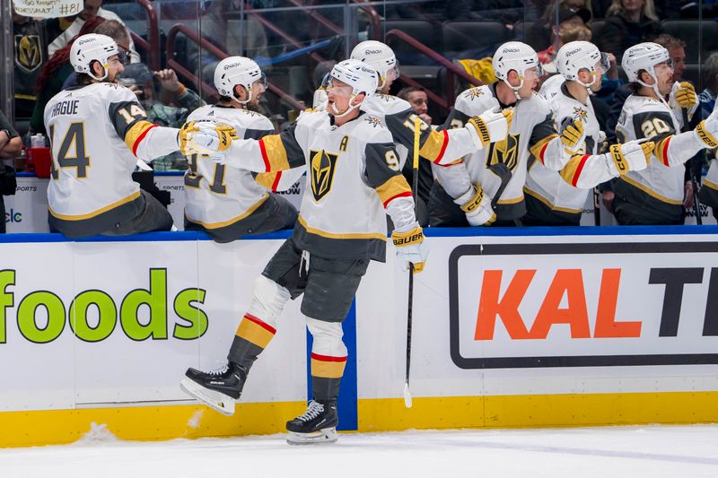 Apr 8, 2024; Vancouver, British Columbia, CAN; Vegas Golden Knights forward Jack Eichel (9) celebrates his second goal of the game against the Vancouver Canucks in the first period at Rogers Arena. Mandatory Credit: Bob Frid-USA TODAY Sports