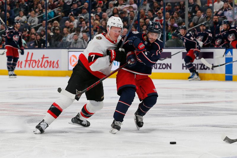 Mar 14, 2024; Columbus, Ohio, USA; Columbus Blue Jackets left wing Johnny Gaudreau (13) and Ottawa Senators left wing Brady Tkachuk (7) chase down a loose puck during the third period at Nationwide Arena. Mandatory Credit: Russell LaBounty-USA TODAY Sports