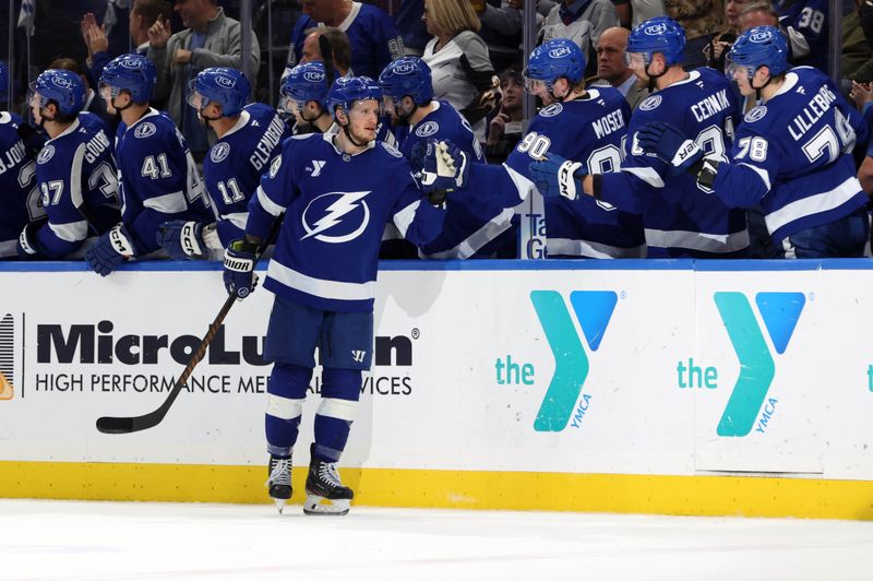 Mar 6, 2025; Tampa, Florida, USA; Tampa Bay Lightning center Jake Guentzel (59) celebrates after a goal against the Buffalo Sabres during the second period at Amalie Arena. Mandatory Credit: Kim Klement Neitzel-Imagn Images