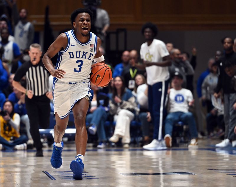 Jan 13, 2024; Durham, North Carolina, USA;  Duke Blue Devils guard Jeremy Roach (3) grimaces in pain while dribbling up court after injuring his right leg during the second half against the Georgia Tech Yellow Jackets at Cameron Indoor Stadium.  The Blue Devils won 84-79. Mandatory Credit: Rob Kinnan-USA TODAY Sports