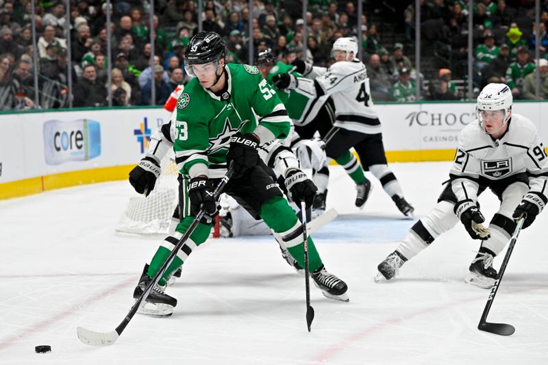 Jan 16, 2024; Dallas, Texas, USA; Dallas Stars center Wyatt Johnston (53) skates against the Los Angeles Kings during the second period at the American Airlines Center. Mandatory Credit: Jerome Miron-USA TODAY Sports