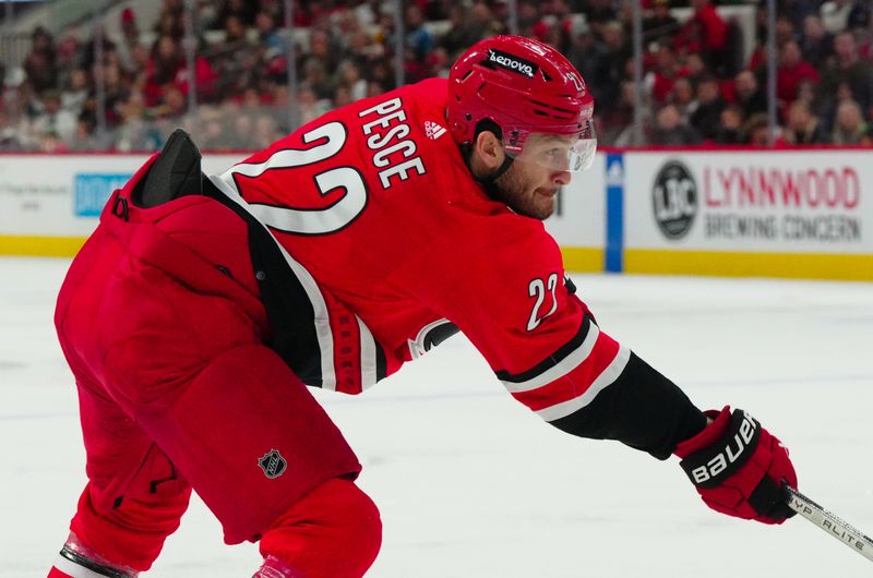 Jan 13, 2024; Raleigh, North Carolina, USA;  Carolina Hurricanes defenseman Brett Pesce (22) scores a goal against the Pittsburgh Penguins during the first period at PNC Arena. Mandatory Credit: James Guillory-USA TODAY Sports