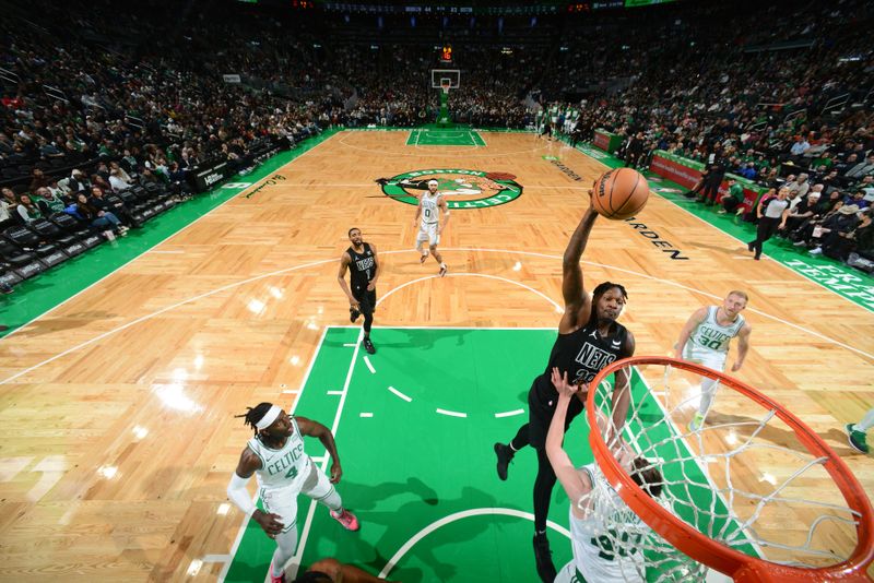 BOSTON, MA - FEBRUARY 14: Dorian Finney-Smith #28 of the Brooklyn Nets drives to the basket during the game against the Boston Celtics on February 14, 2024 at the TD Garden in Boston, Massachusetts. NOTE TO USER: User expressly acknowledges and agrees that, by downloading and or using this photograph, User is consenting to the terms and conditions of the Getty Images License Agreement. Mandatory Copyright Notice: Copyright 2024 NBAE  (Photo by Brian Babineau/NBAE via Getty Images)