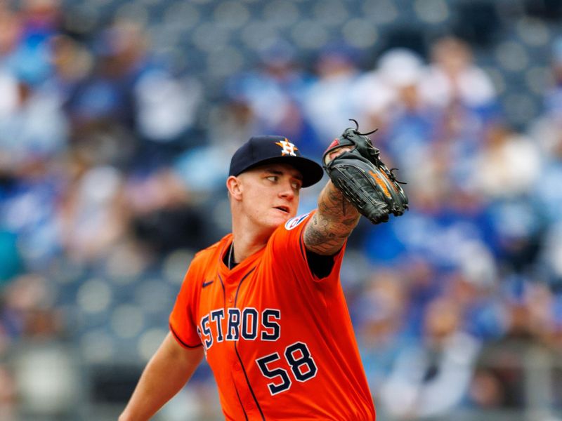 Apr 27, 2025; Kansas City, Missouri, USA; Houston Astros pitcher Hunter Brown (58) pitches during the first inning against the Kansas City Royals  at Kauffman Stadium. Mandatory Credit: William Purnell-Imagn Images
